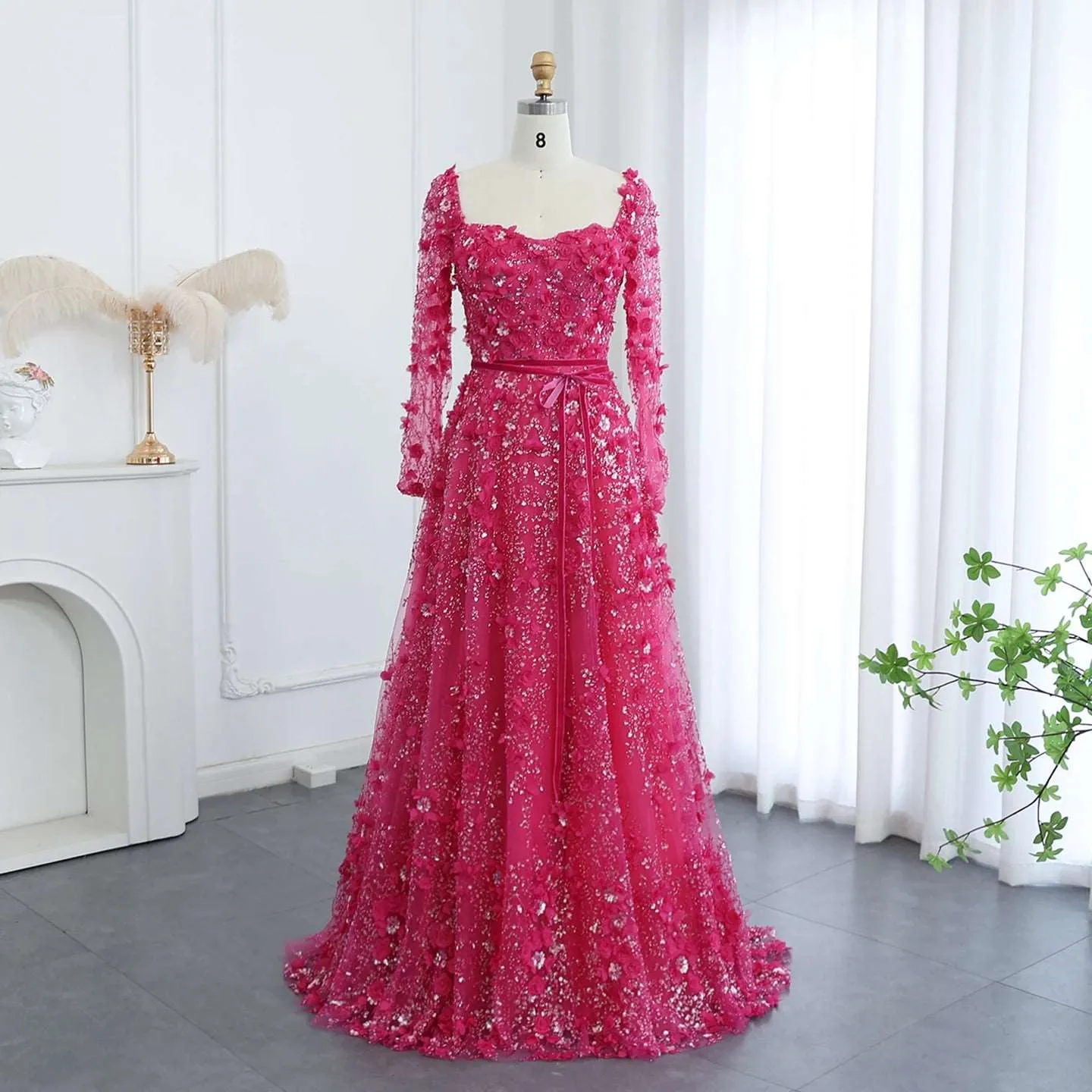 3D Flower Long Sleeves Evening Gowns