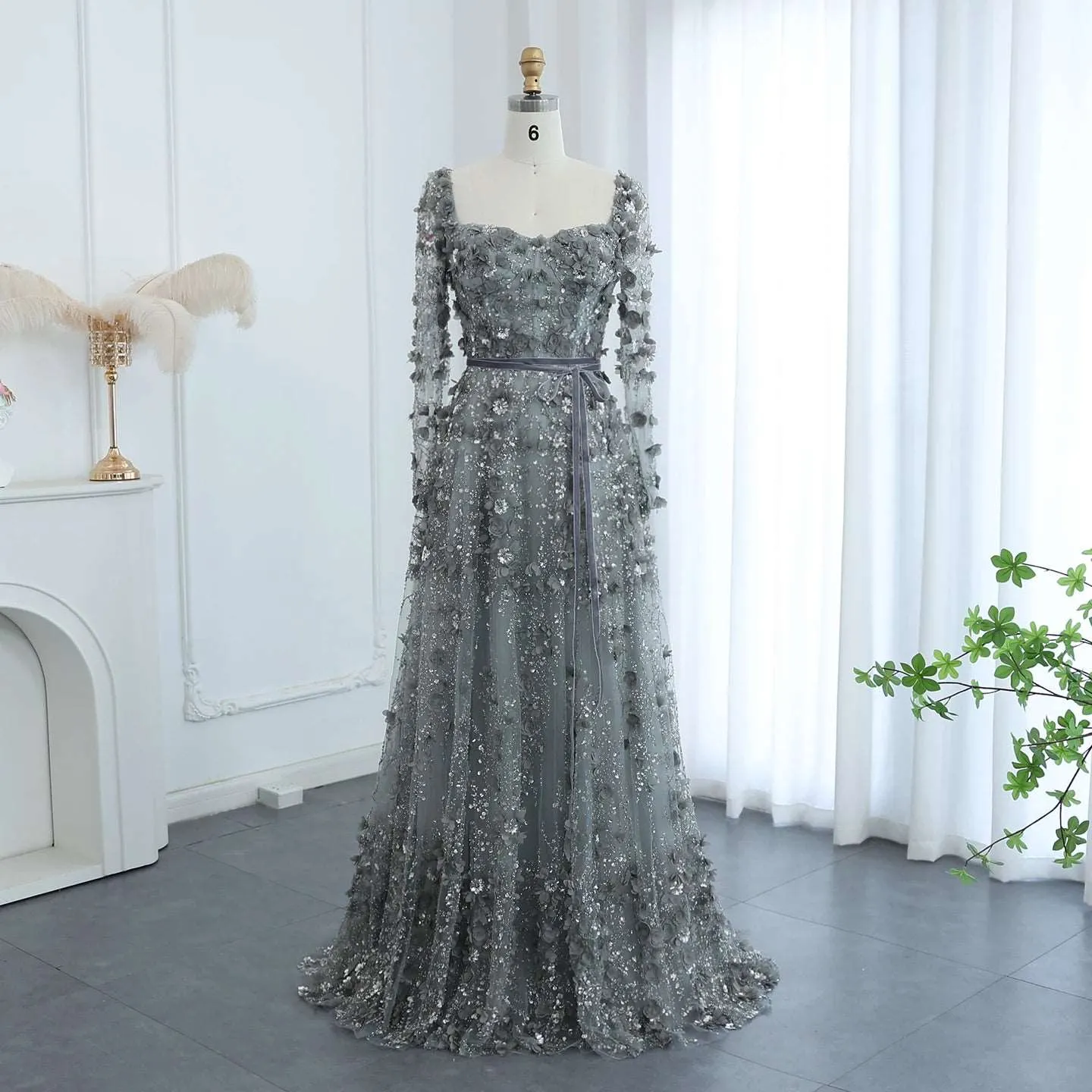 3D Flower Long Sleeves Evening Gowns