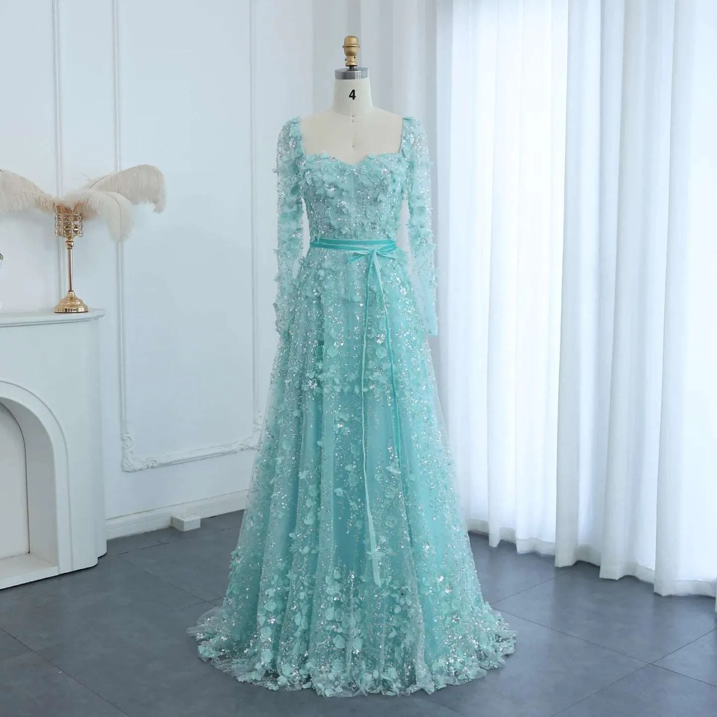 3D Flower Long Sleeves Evening Gowns