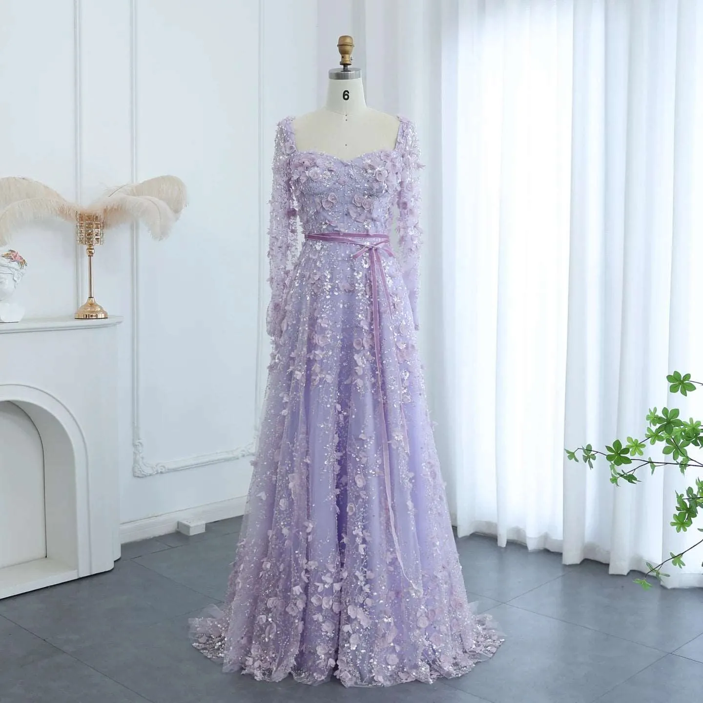 3D Flower Long Sleeves Evening Gowns