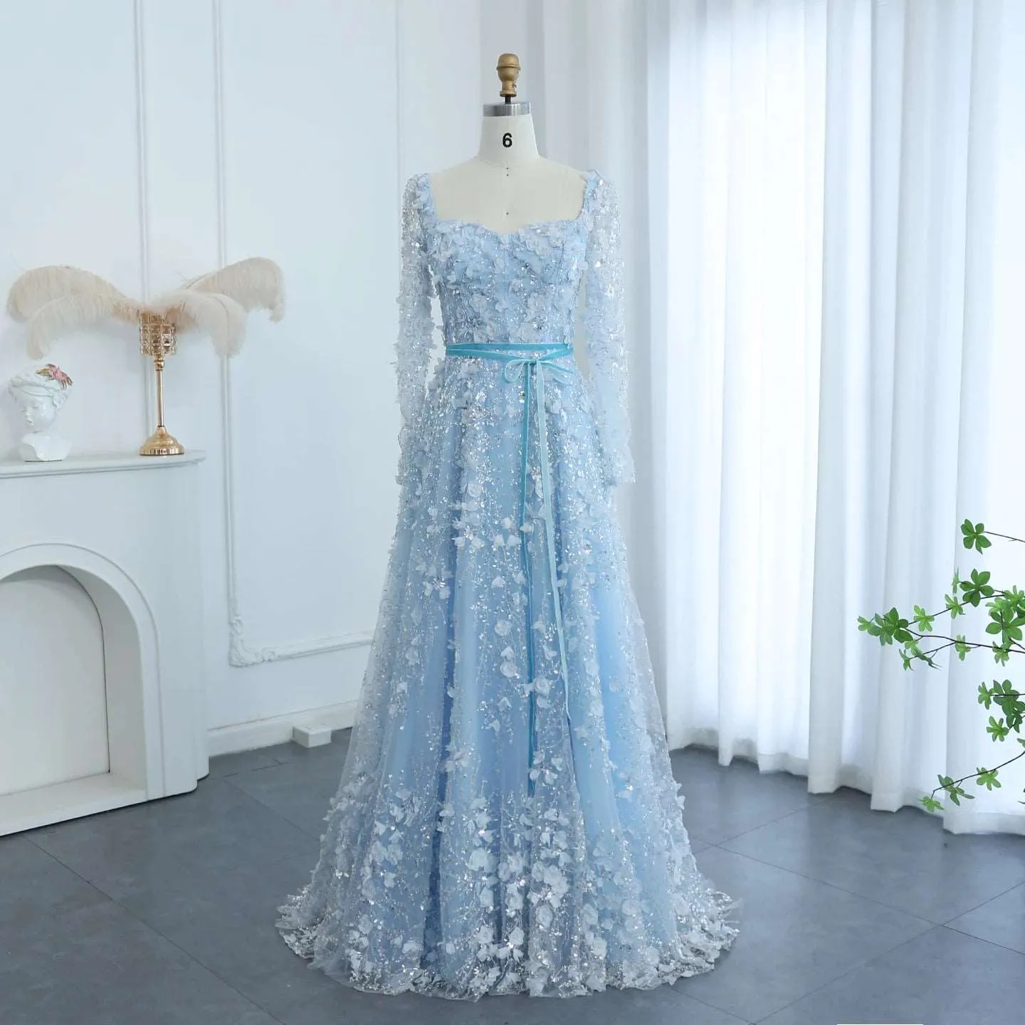3D Flower Long Sleeves Evening Gowns