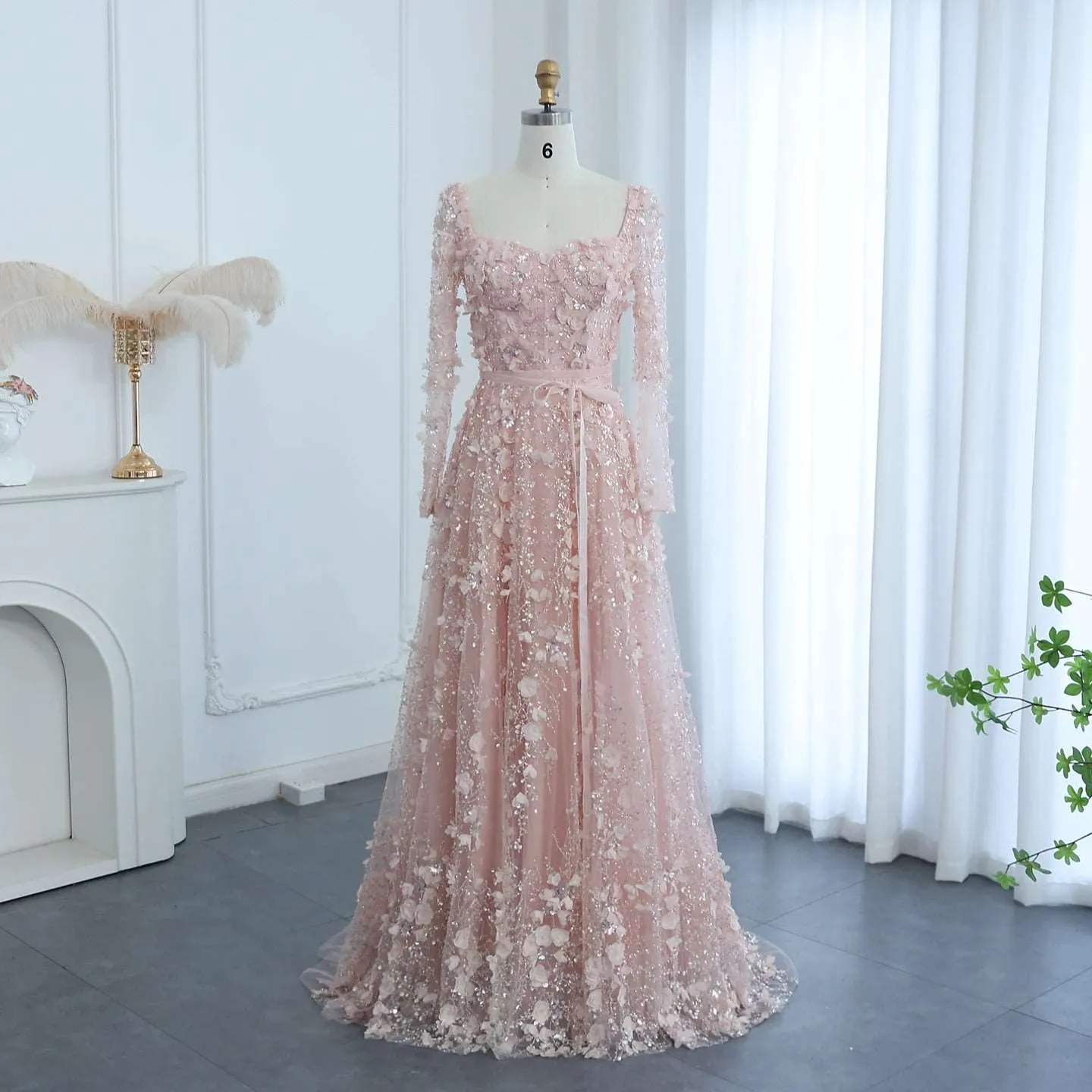 3D Flower Long Sleeves Evening Gowns