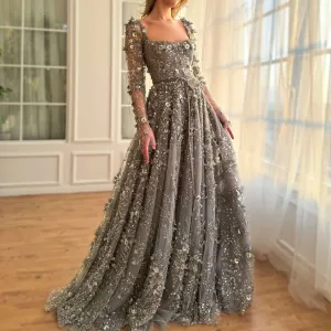 3D Flower Long Sleeves Evening Gowns