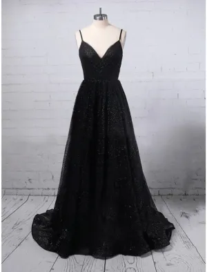 A-Line Prom Dresses Glittering Dress Party Wear Floor Length Sleeveless V Neck Sequined with Slit