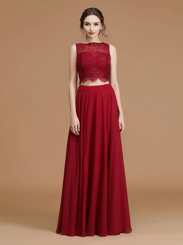 A-Line/Princess Bateau Sleeveless Floor-Length Lace Chiffon Bridesmaid Dresses