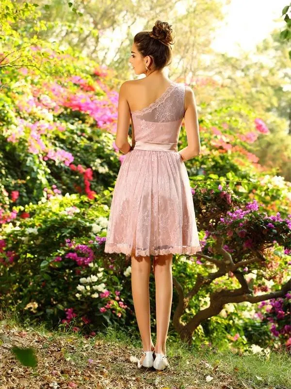 A-Line/Princess One-Shoulder Pleats Sleeveless Short Elastic Woven Satin Bridesmaid Dresses