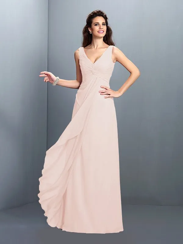 A-Line/Princess Straps Pleats Sleeveless Long Chiffon Bridesmaid Dresses