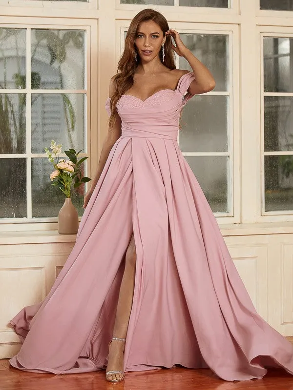 A-Line/Princess Stretch Crepe Ruffles Off-the-Shoulder Sleeveless Sweep/Brush Train Dresses