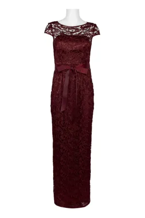 Adrianna Papell Boat Neck Cap Sleeve Tie Front Zipper Back Lace Gown