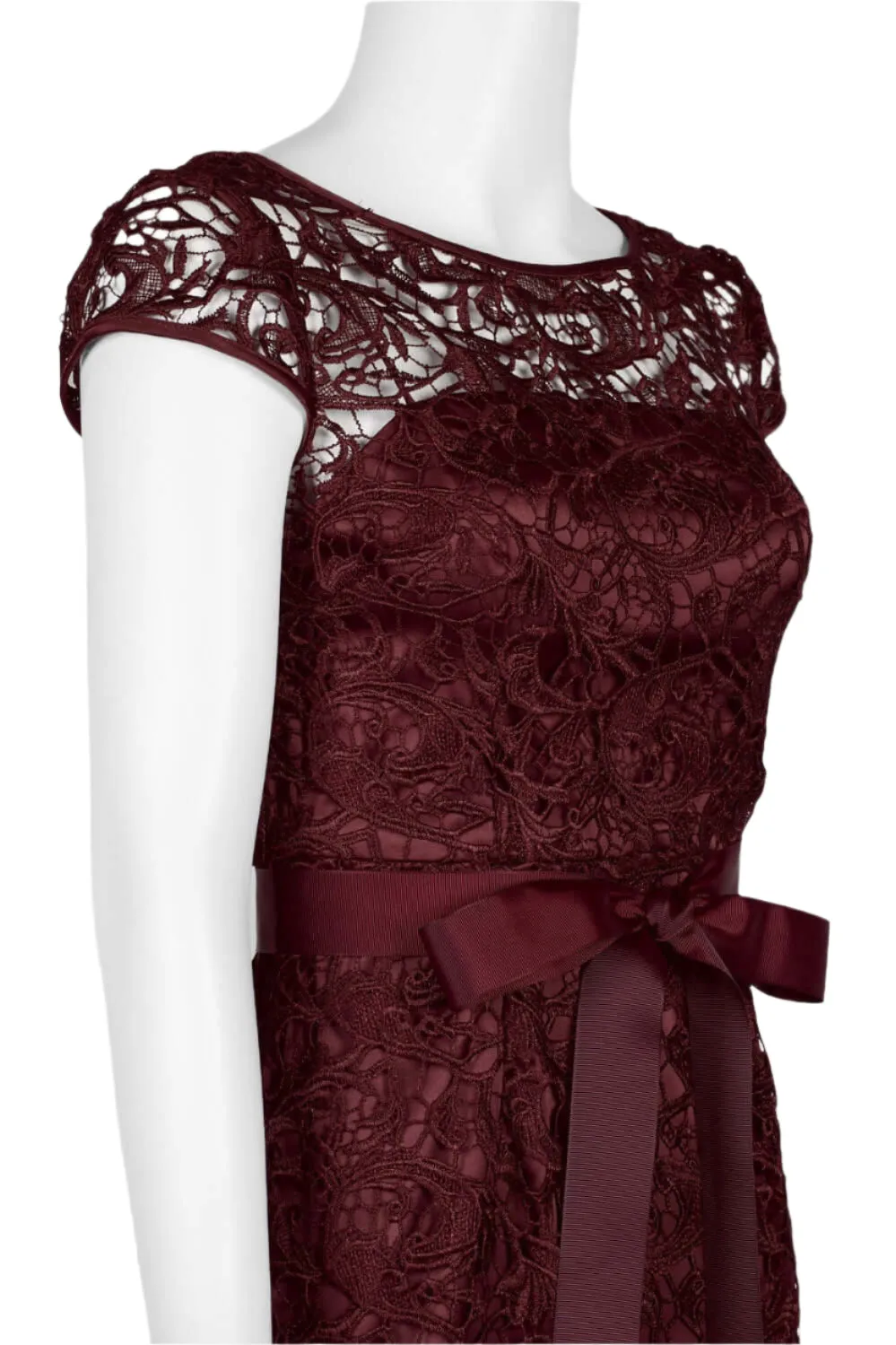 Adrianna Papell Boat Neck Cap Sleeve Tie Front Zipper Back Lace Gown