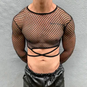 Aidase Streetwear Tie-up Crop Tops Mens Mesh Long Sleeve T Shirts Sexy Nightclub See Through Hollow Tops Fashion Transparent Slim Tees