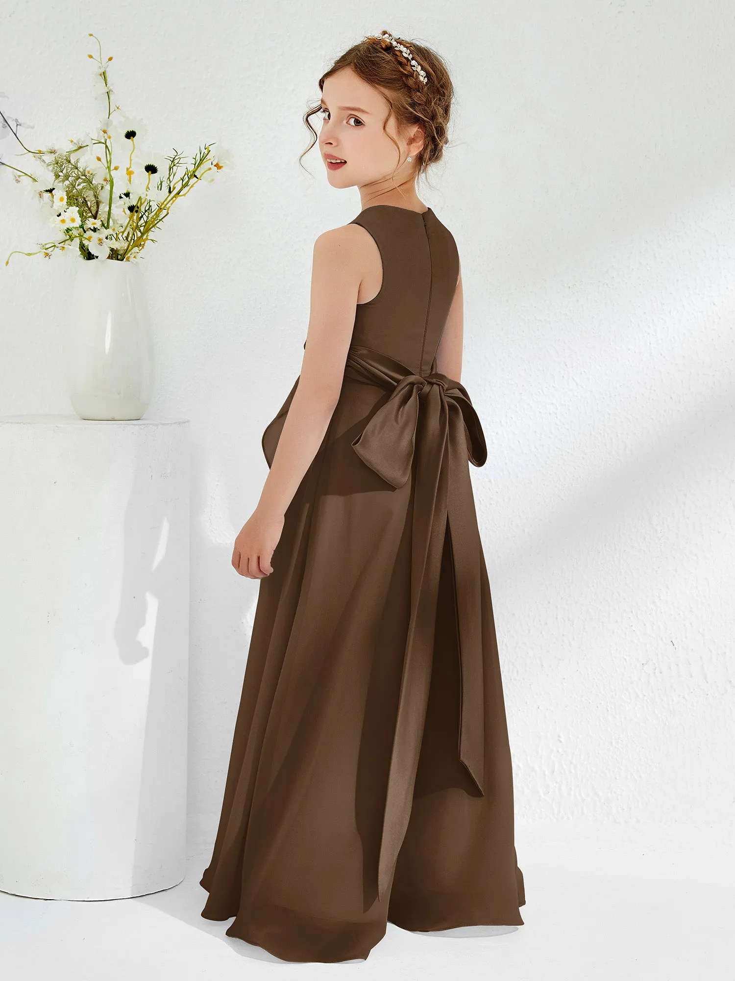 Bateau Neckline Ruffle Junior Bridesmaid Gowns Brown