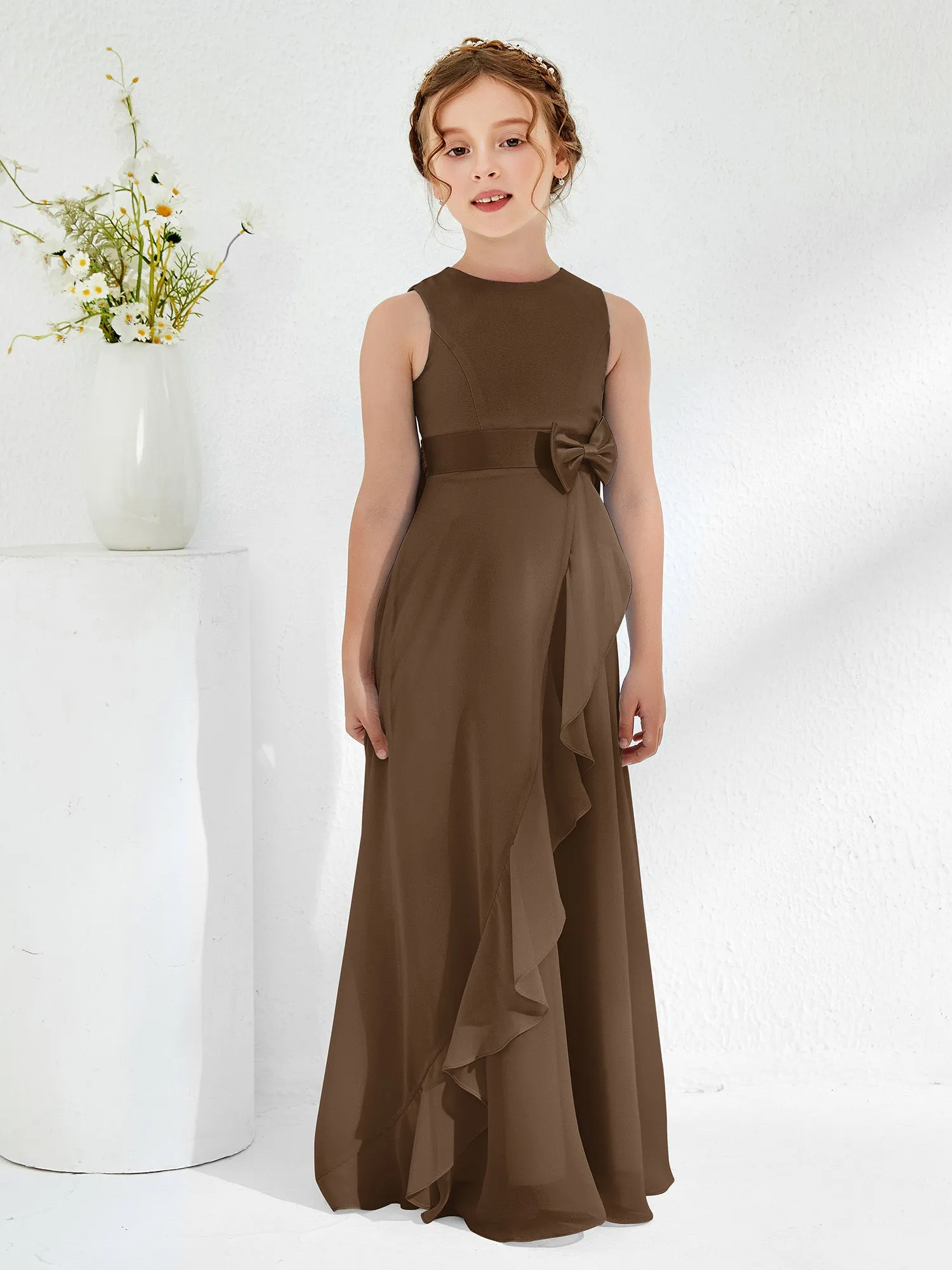 Bateau Neckline Ruffle Junior Bridesmaid Gowns Brown
