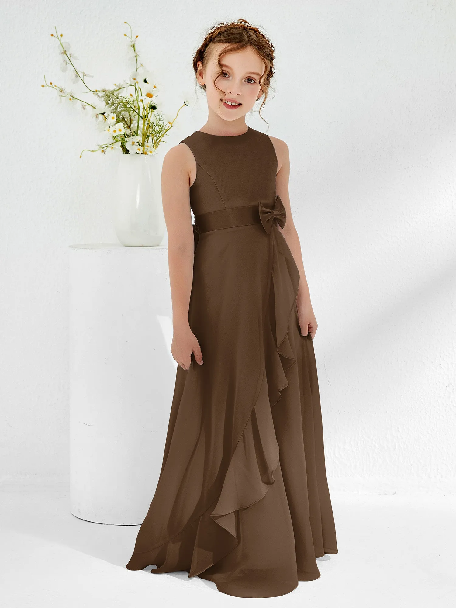 Bateau Neckline Ruffle Junior Bridesmaid Gowns Brown