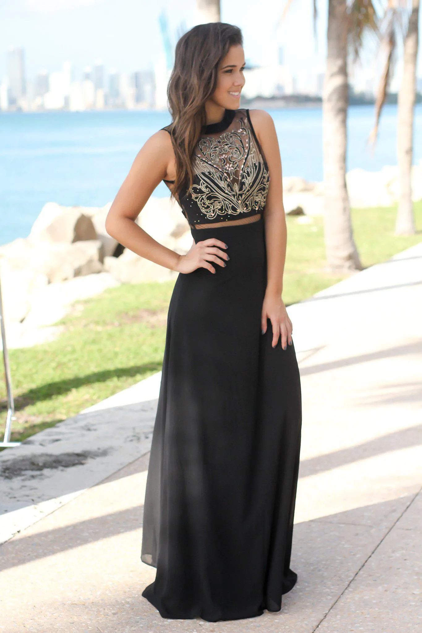 Black and Gold Embroidered Maxi Dress with Tulle Back