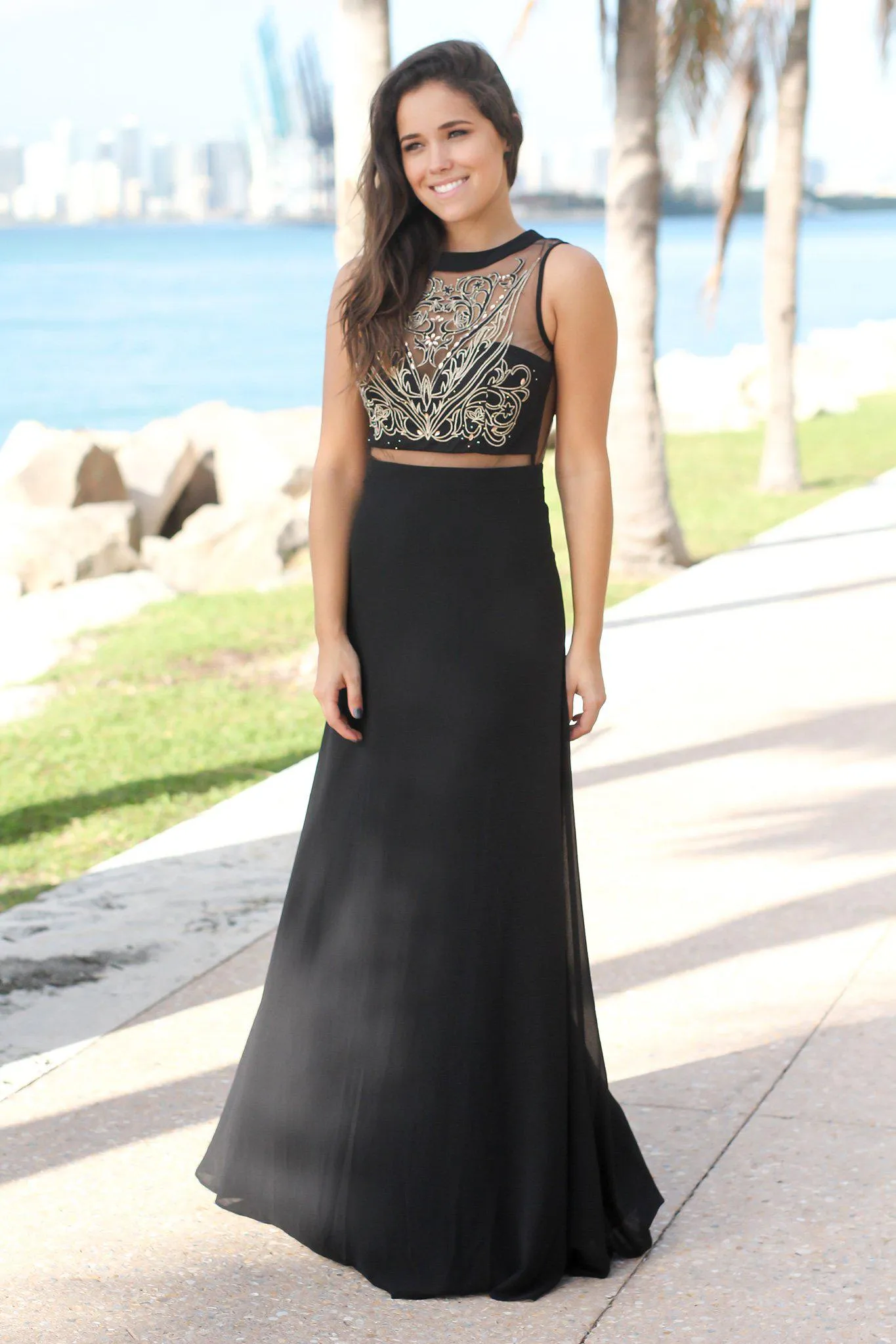 Black and Gold Embroidered Maxi Dress with Tulle Back