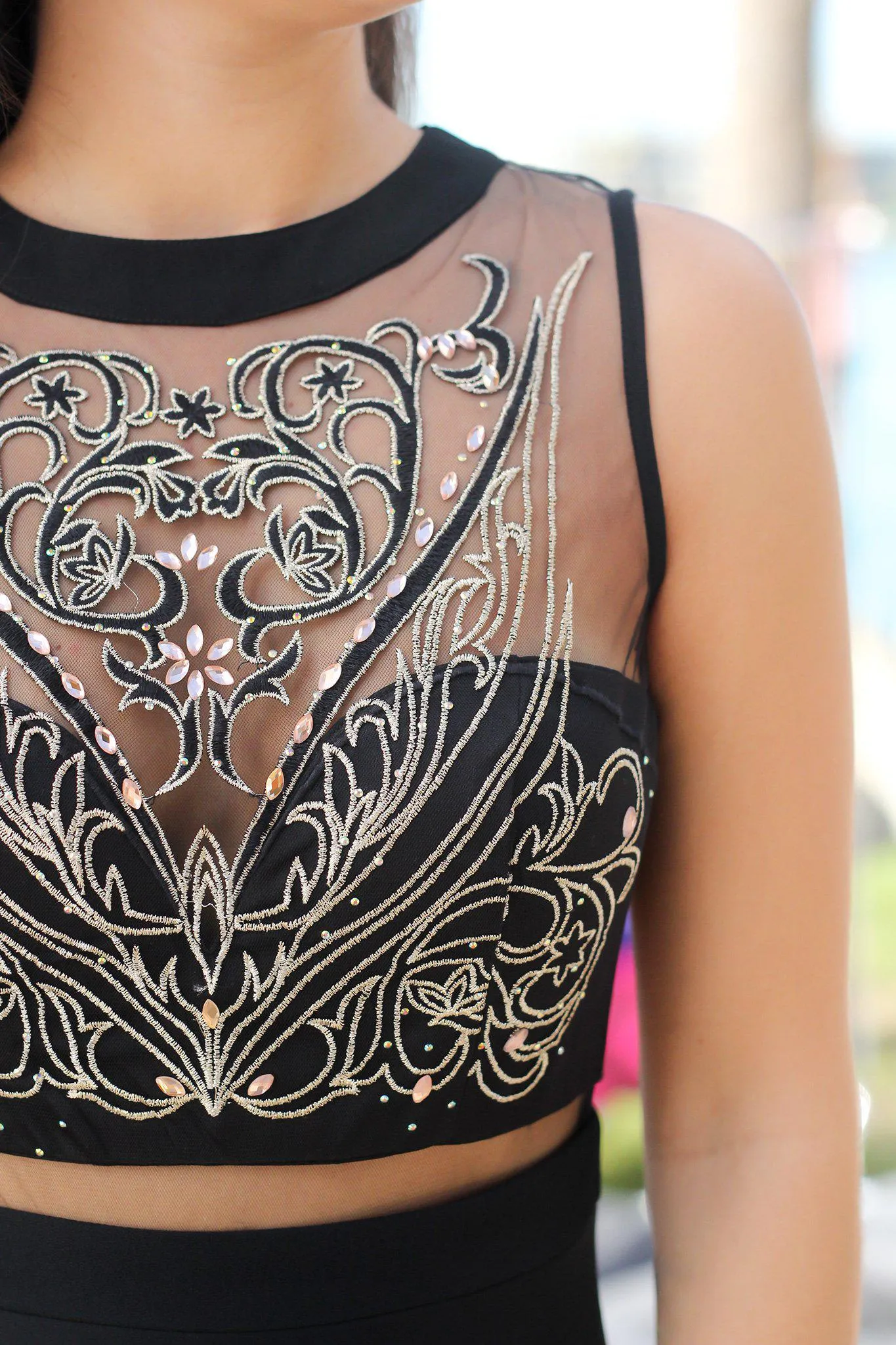 Black and Gold Embroidered Maxi Dress with Tulle Back