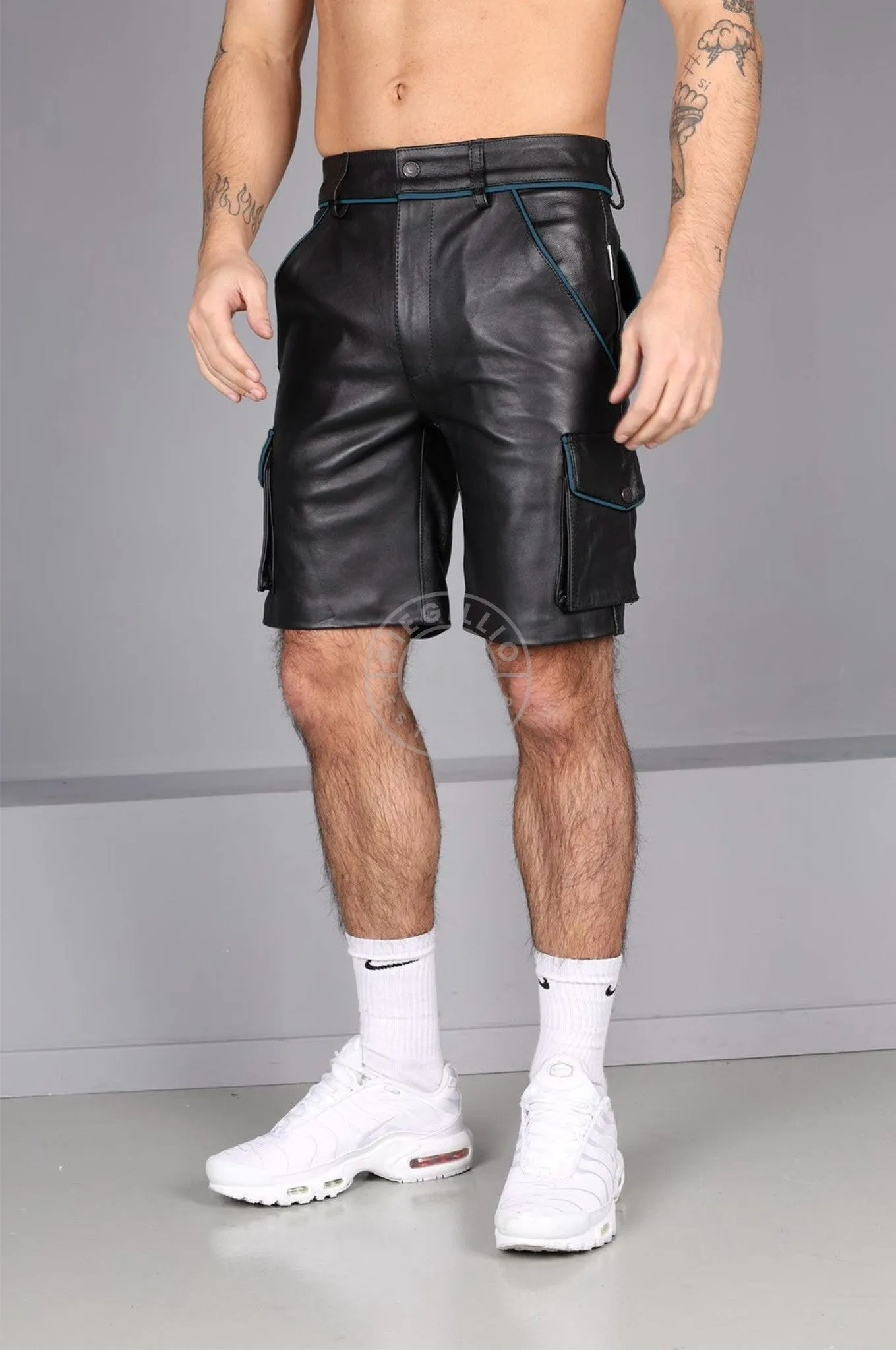 Black Leather Cargo Short - Jeans Blue Piping