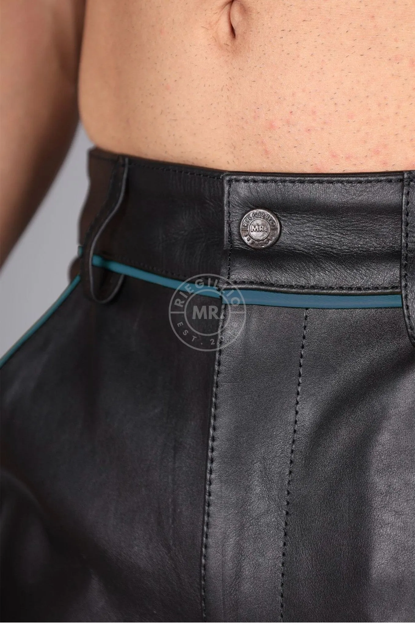 Black Leather Cargo Short - Jeans Blue Piping