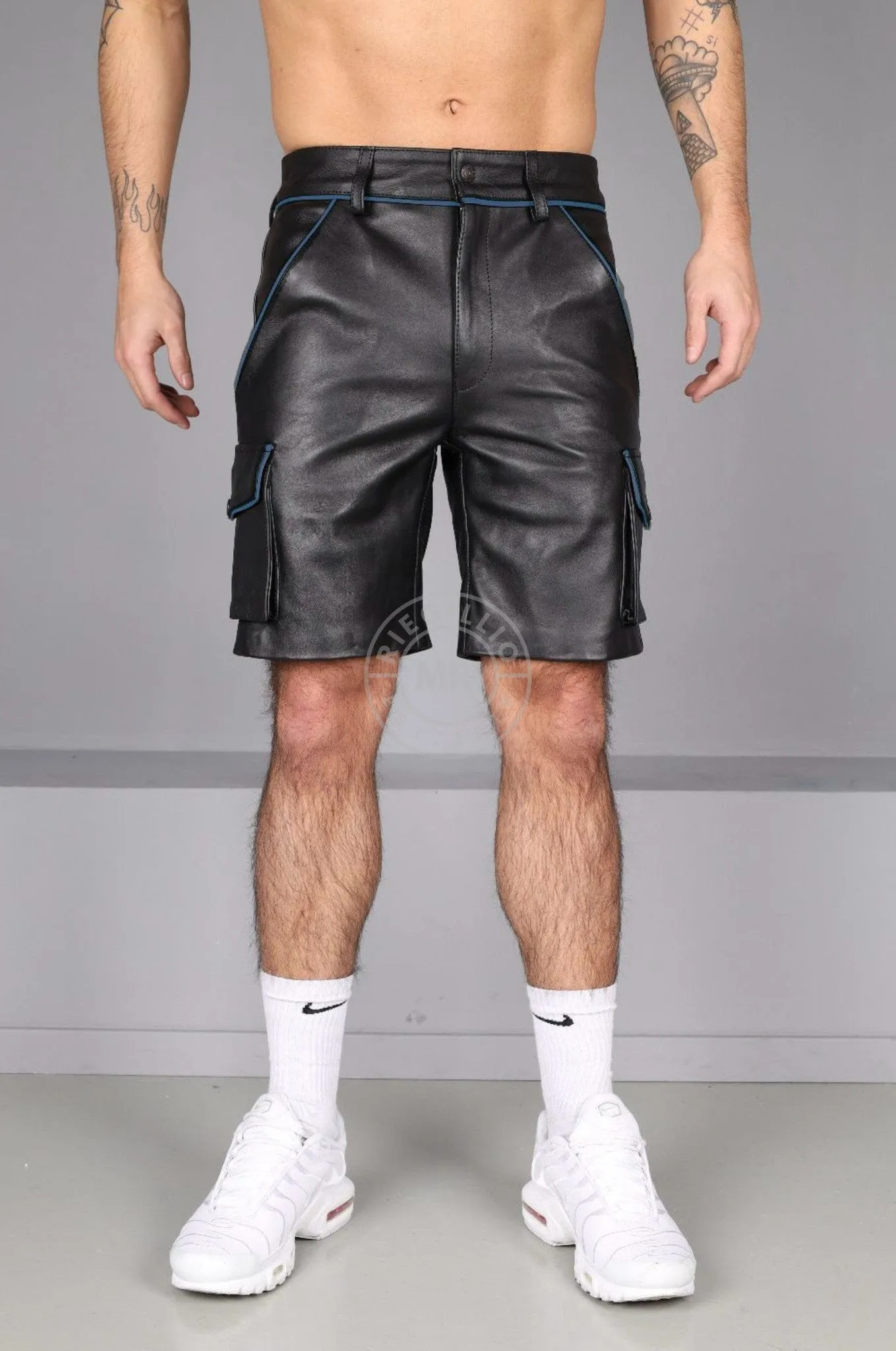 Black Leather Cargo Short - Jeans Blue Piping