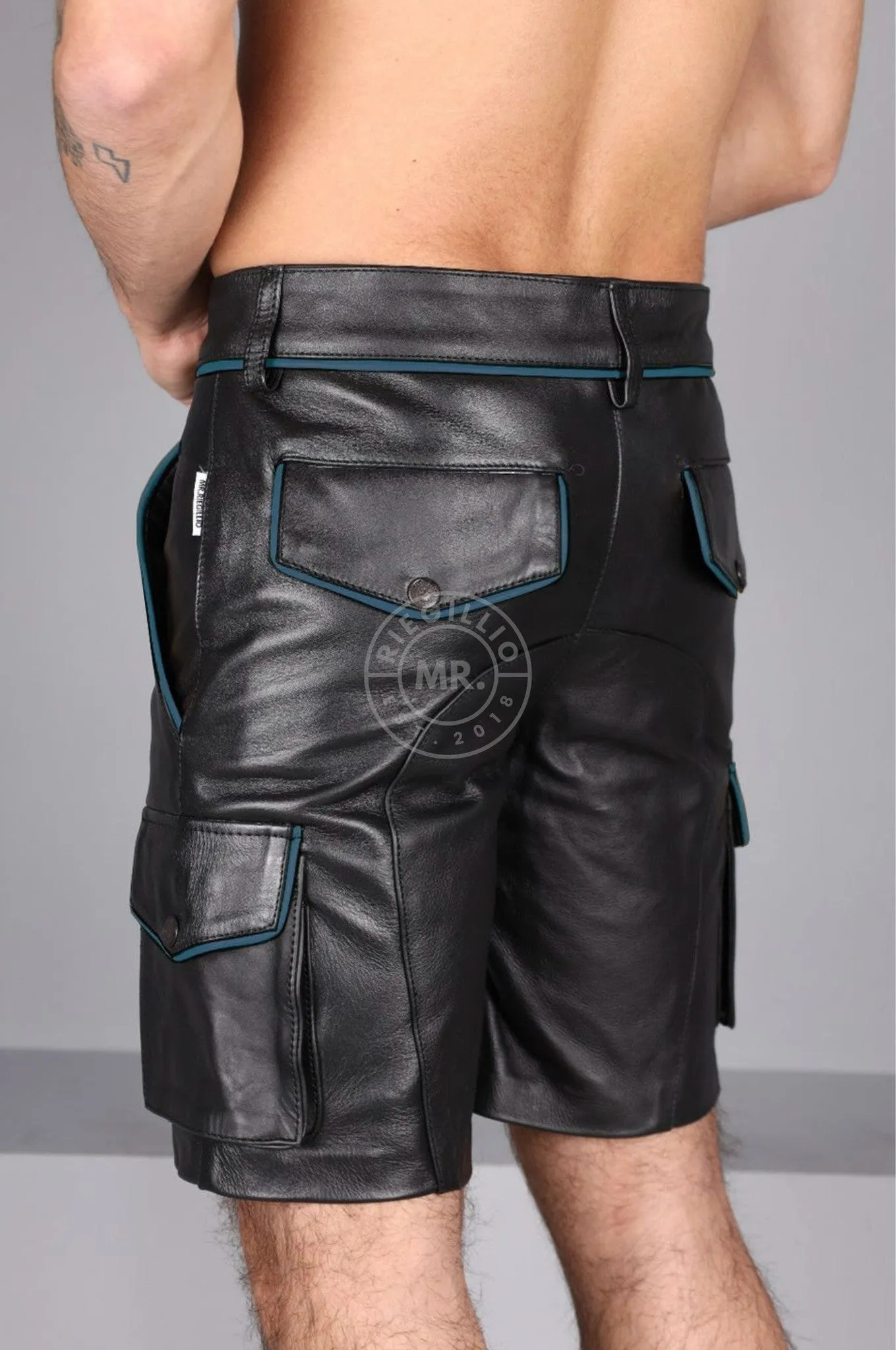 Black Leather Cargo Short - Jeans Blue Piping