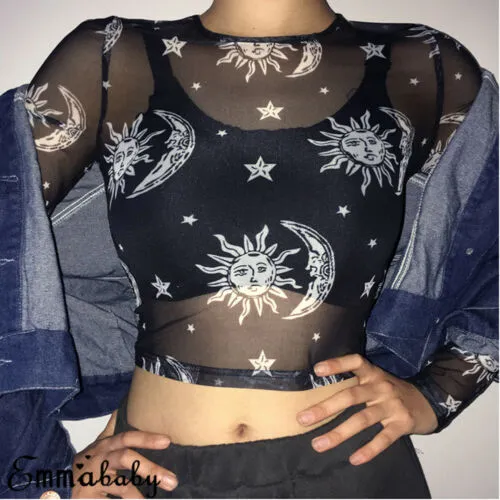 Black Mesh Long Sleeve Crop Top