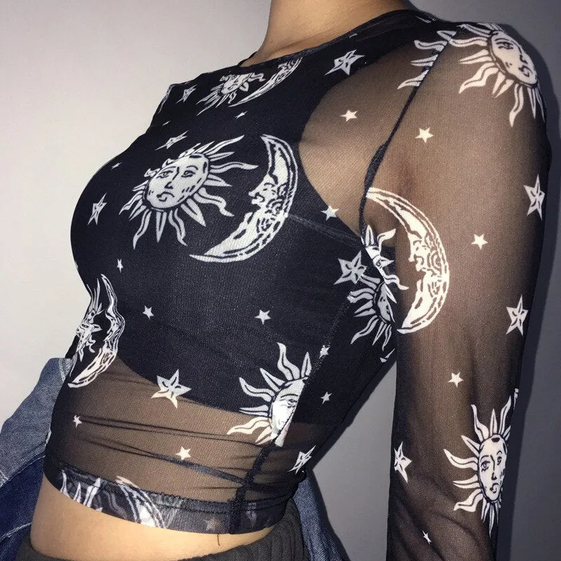 Black Mesh Long Sleeve Crop Top