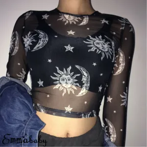 Black Mesh Long Sleeve Crop Top