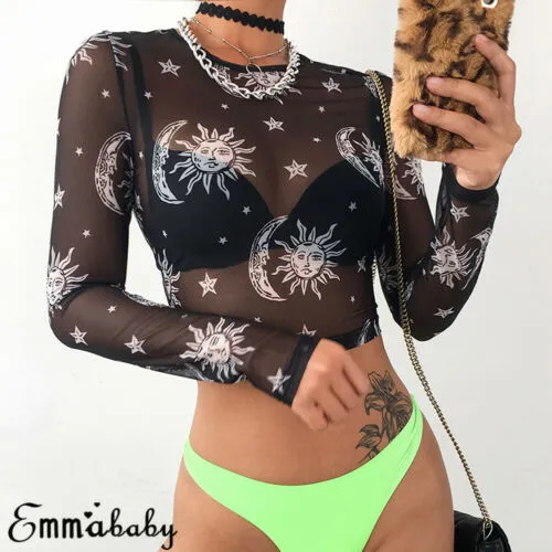 Black Mesh Long Sleeve Crop Top