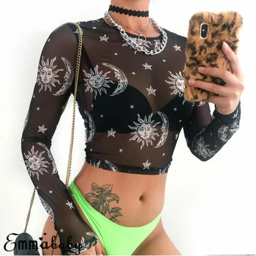 Black Mesh Long Sleeve Crop Top