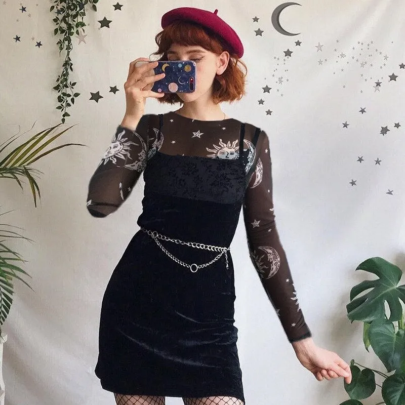 Black Mesh Long Sleeve Crop Top