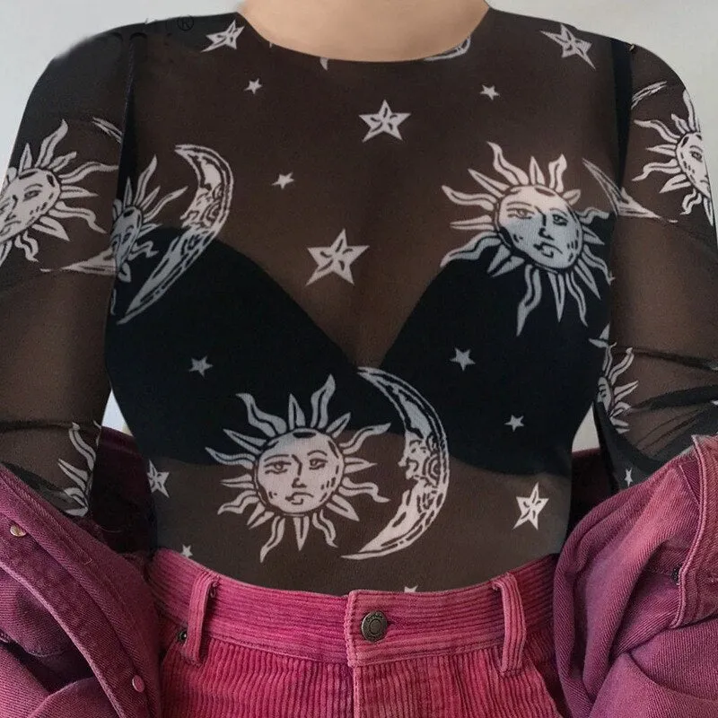 Black Mesh Long Sleeve Crop Top