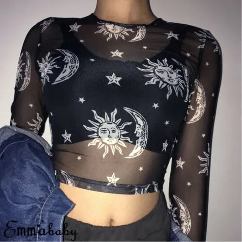 Black Mesh Long Sleeve Crop Top