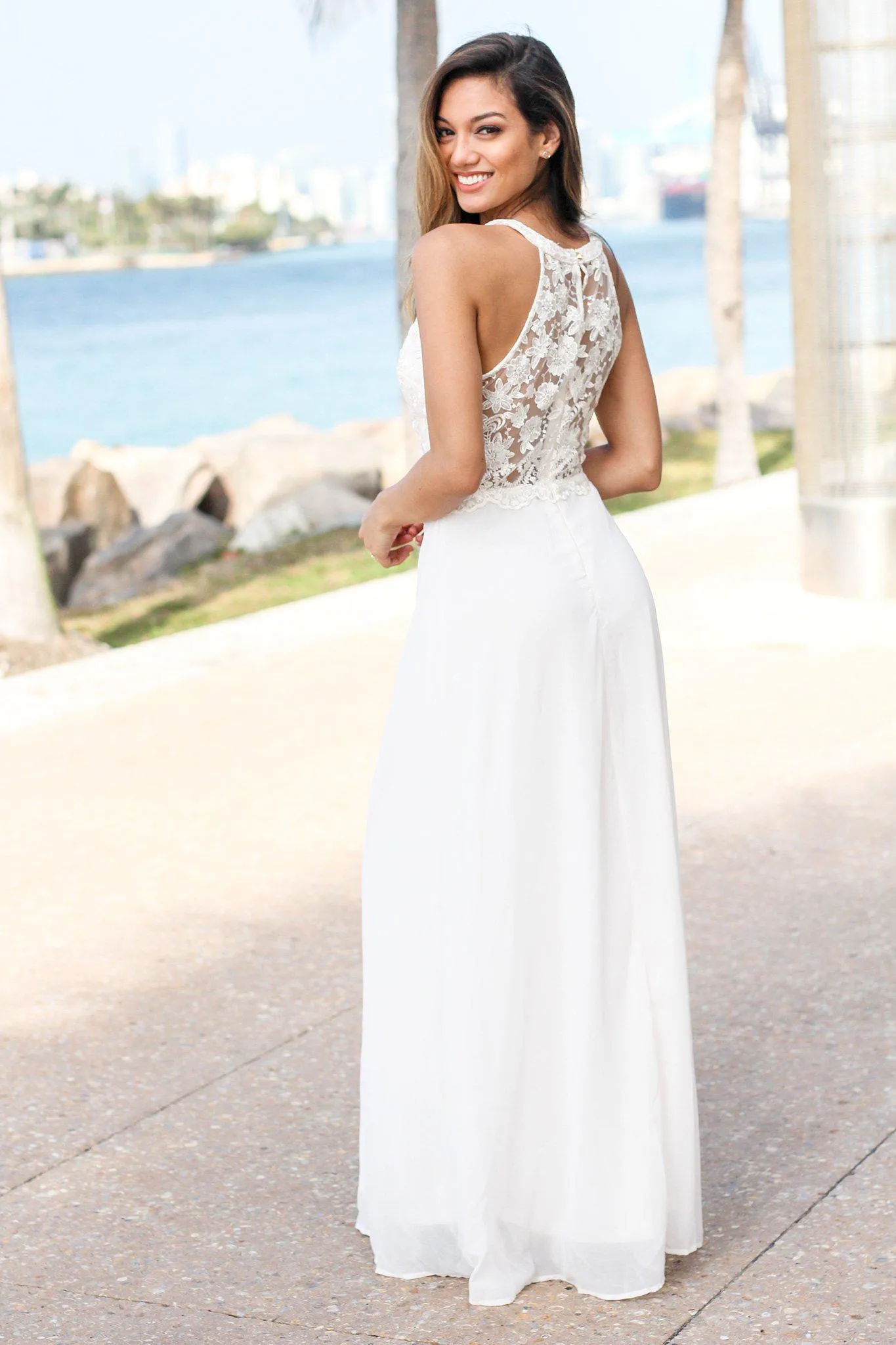 Cream High Neck Maxi Dress with Embroidered Top and Slit