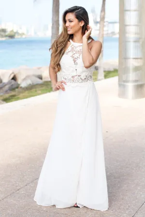 Cream High Neck Maxi Dress with Embroidered Top and Slit