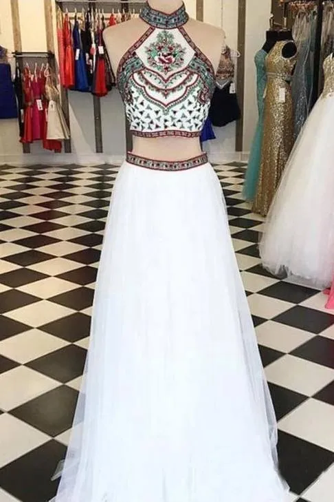 Elegant Two Piece Halter Embroidered Boho Prom Dresses White A Line Long Formal Dresses P1103