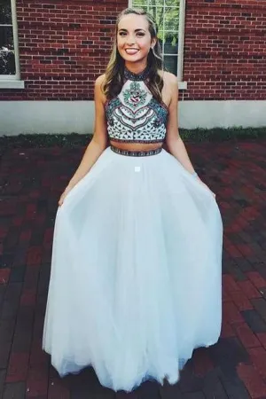 Elegant Two Piece Halter Embroidered Boho Prom Dresses White A Line Long Formal Dresses P1103
