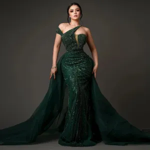Emerald Green Overskirt One Shoulder Women Prom Gowns