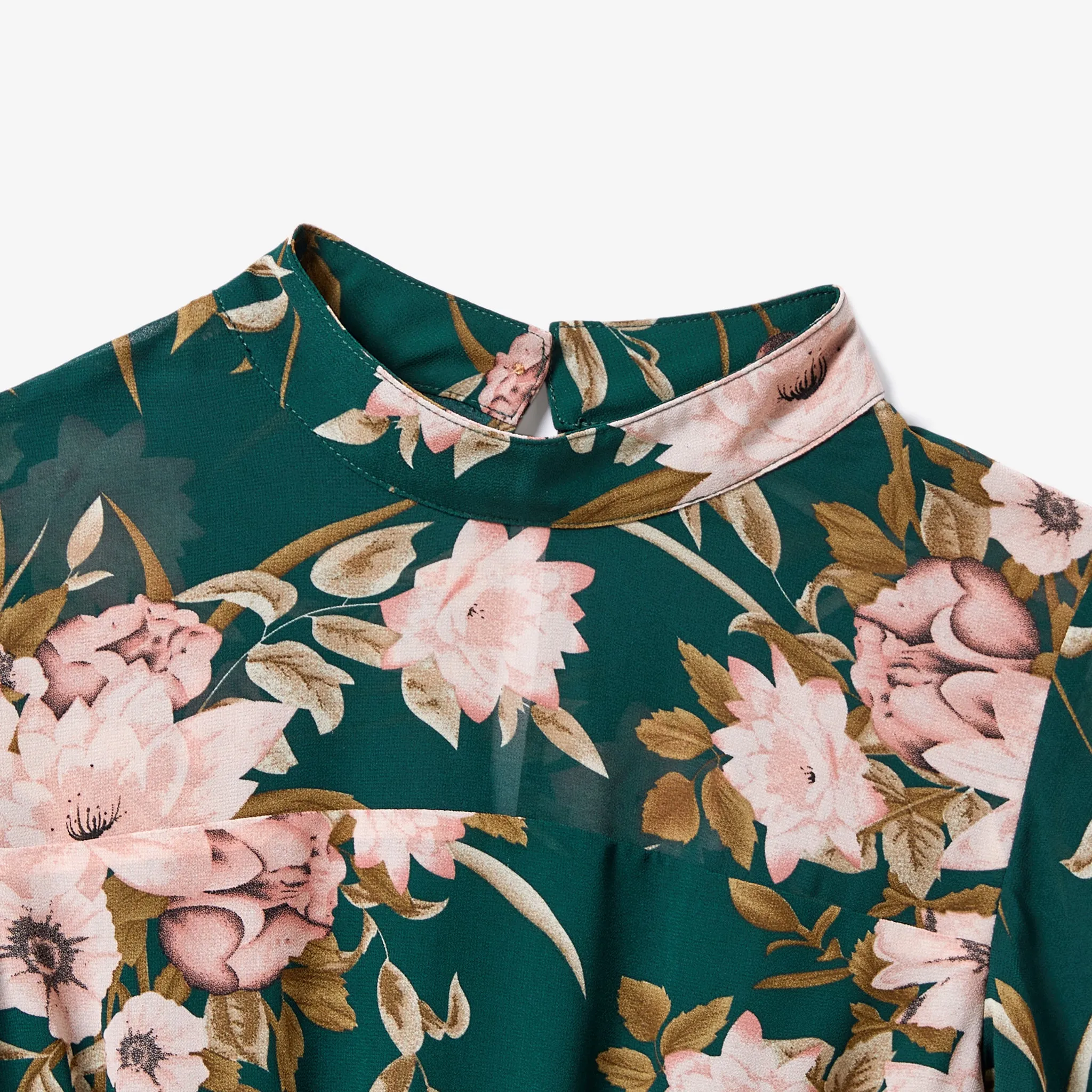 Family Matching Colorblock Polo Top and Floral Mock Neck Ruffled Sleeves Dress Sets