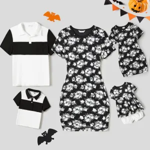 Family Matching Colorblock Short-sleeve Polo T-shirts and Allover Floral Print Lace Bodycon Dresses Sets