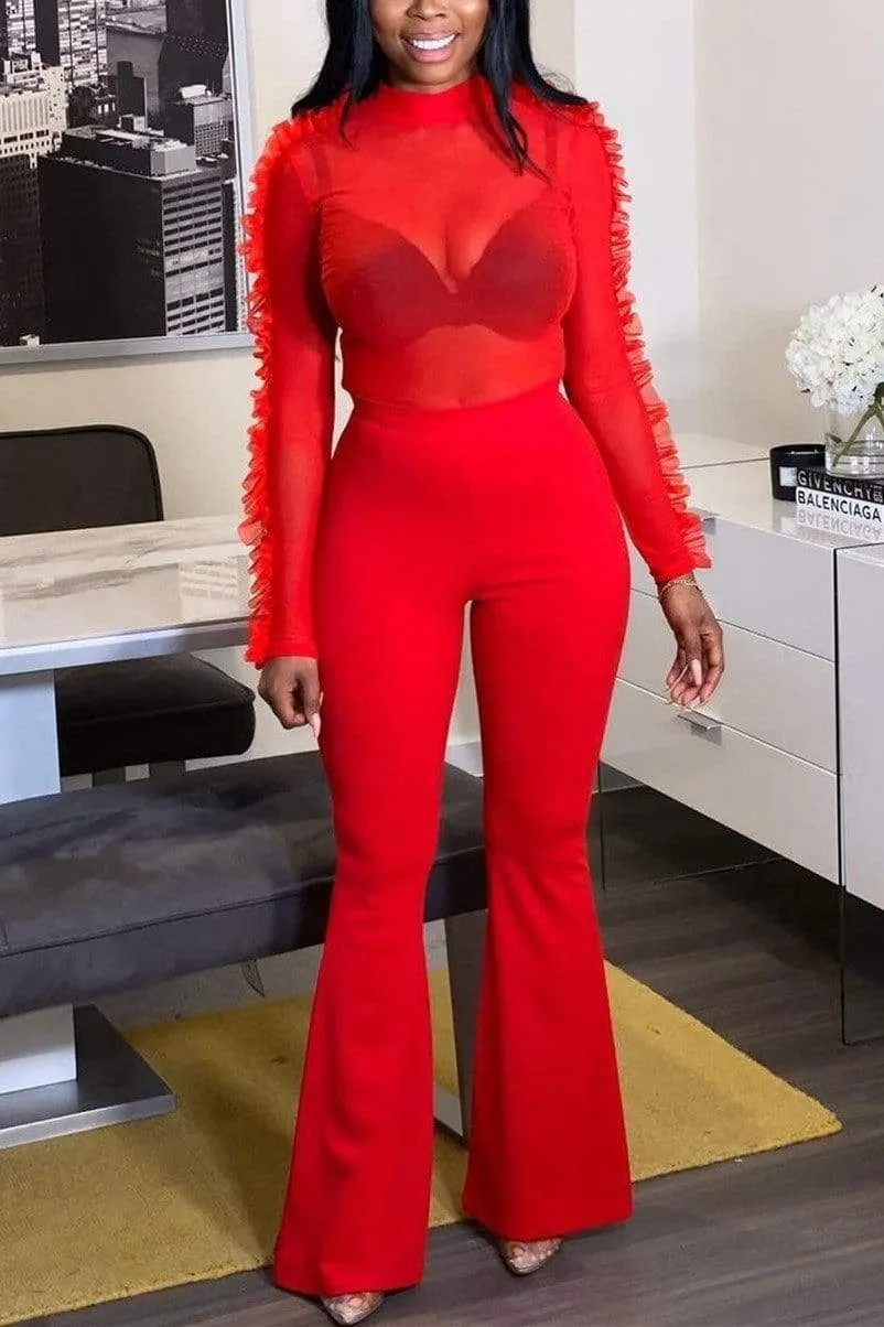 Fashion Mesh Tops Flared Pants Set