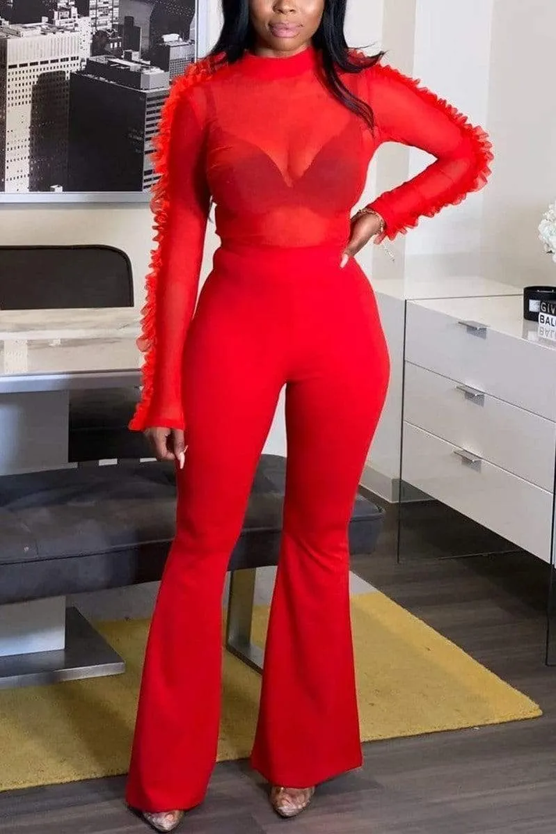 Fashion Mesh Tops Flared Pants Set