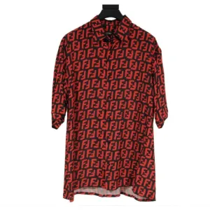 FF Logo Button Down Shirt Black Red Viscose Short Sleeve