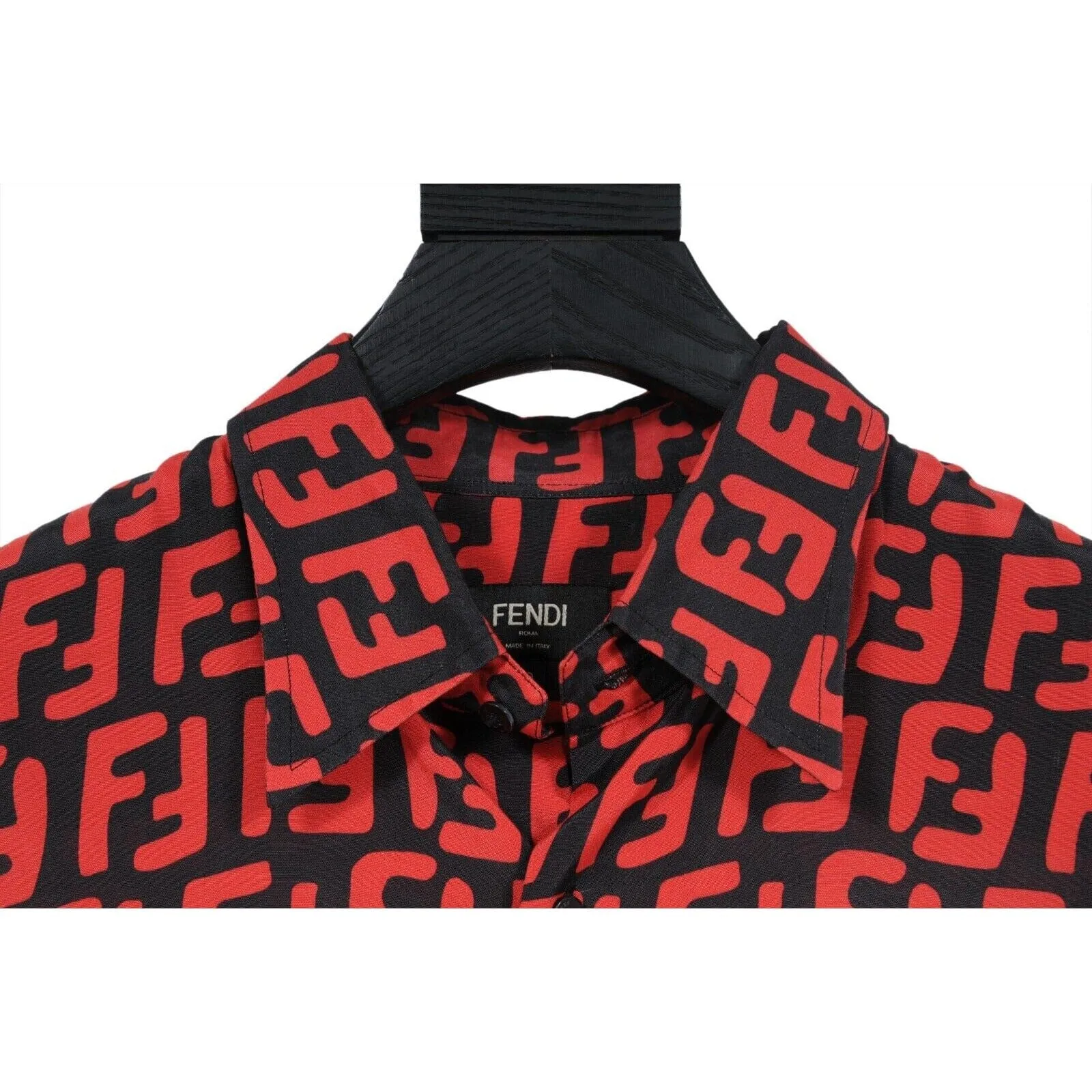 FF Logo Button Down Shirt Black Red Viscose Short Sleeve