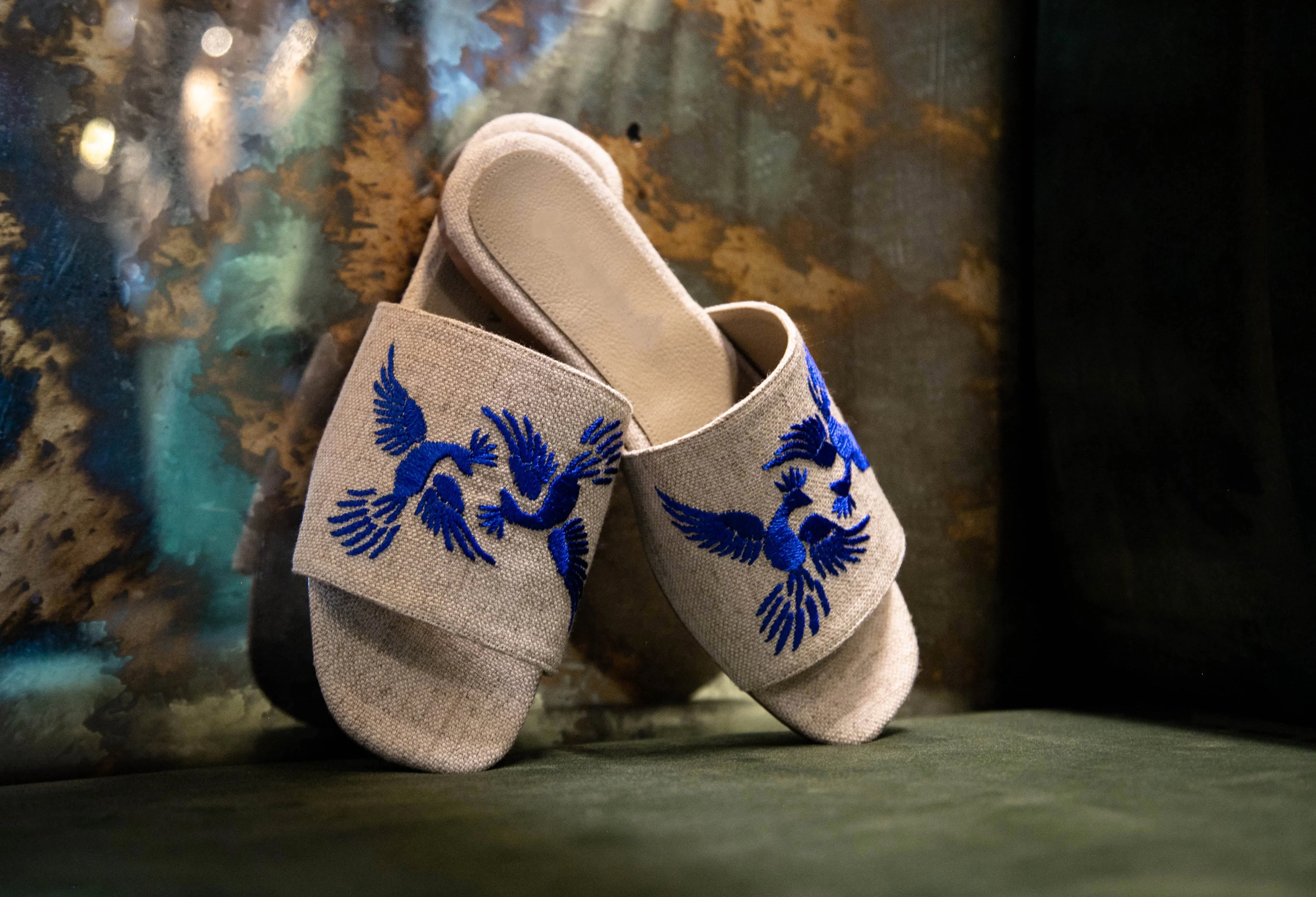 Fine Handmade-embroidered Linen Beach Sandals "ALEBRIJES", in Electric Blue