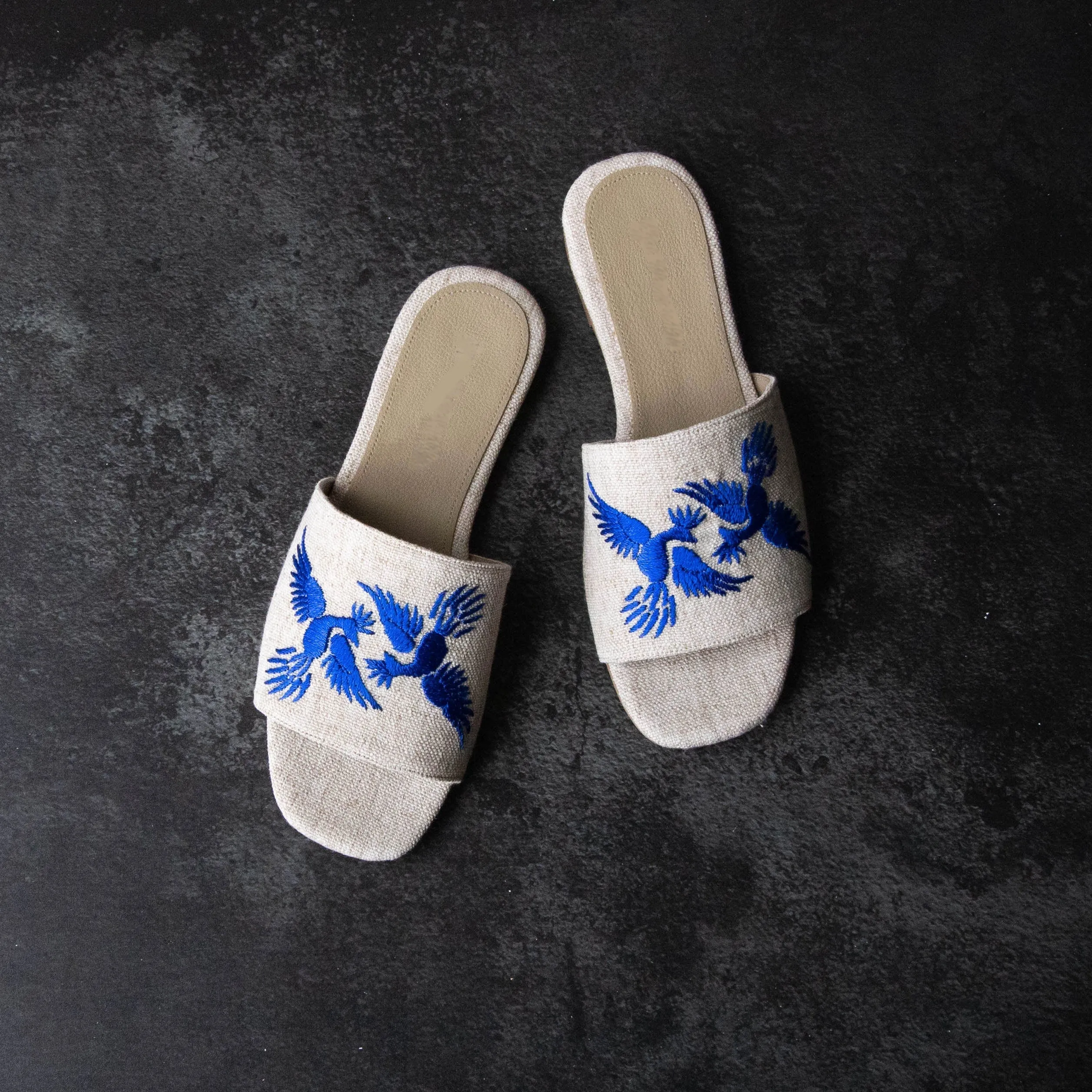 Fine Handmade-embroidered Linen Beach Sandals "ALEBRIJES", in Electric Blue