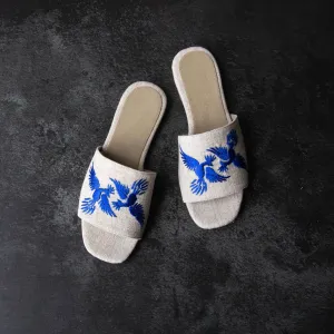 Fine Handmade-embroidered Linen Beach Sandals "ALEBRIJES", in Electric Blue
