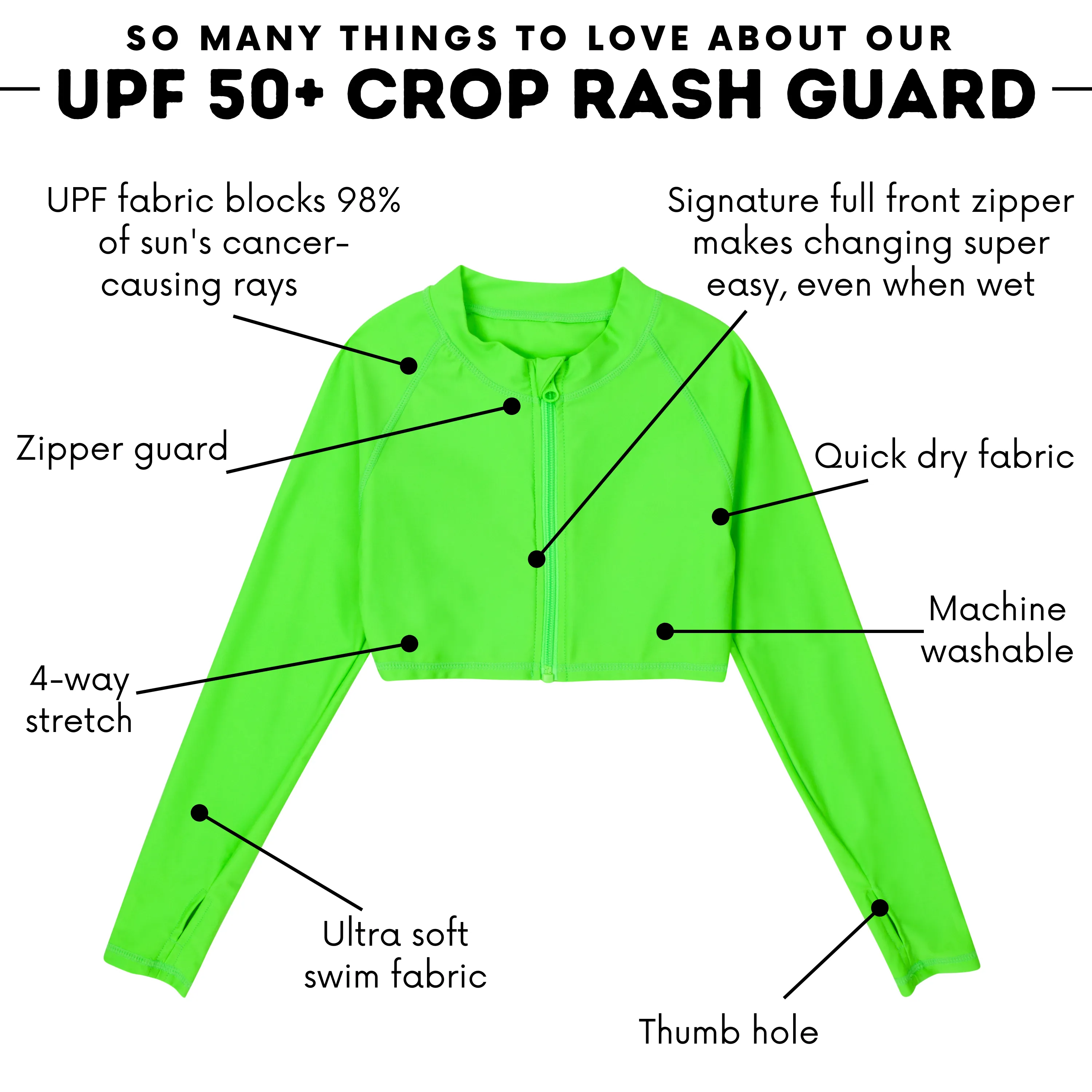 Girls Long Sleeve Crop Rash Guard | "Neon Green"