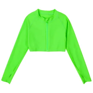 Girls Long Sleeve Crop Rash Guard | "Neon Green"