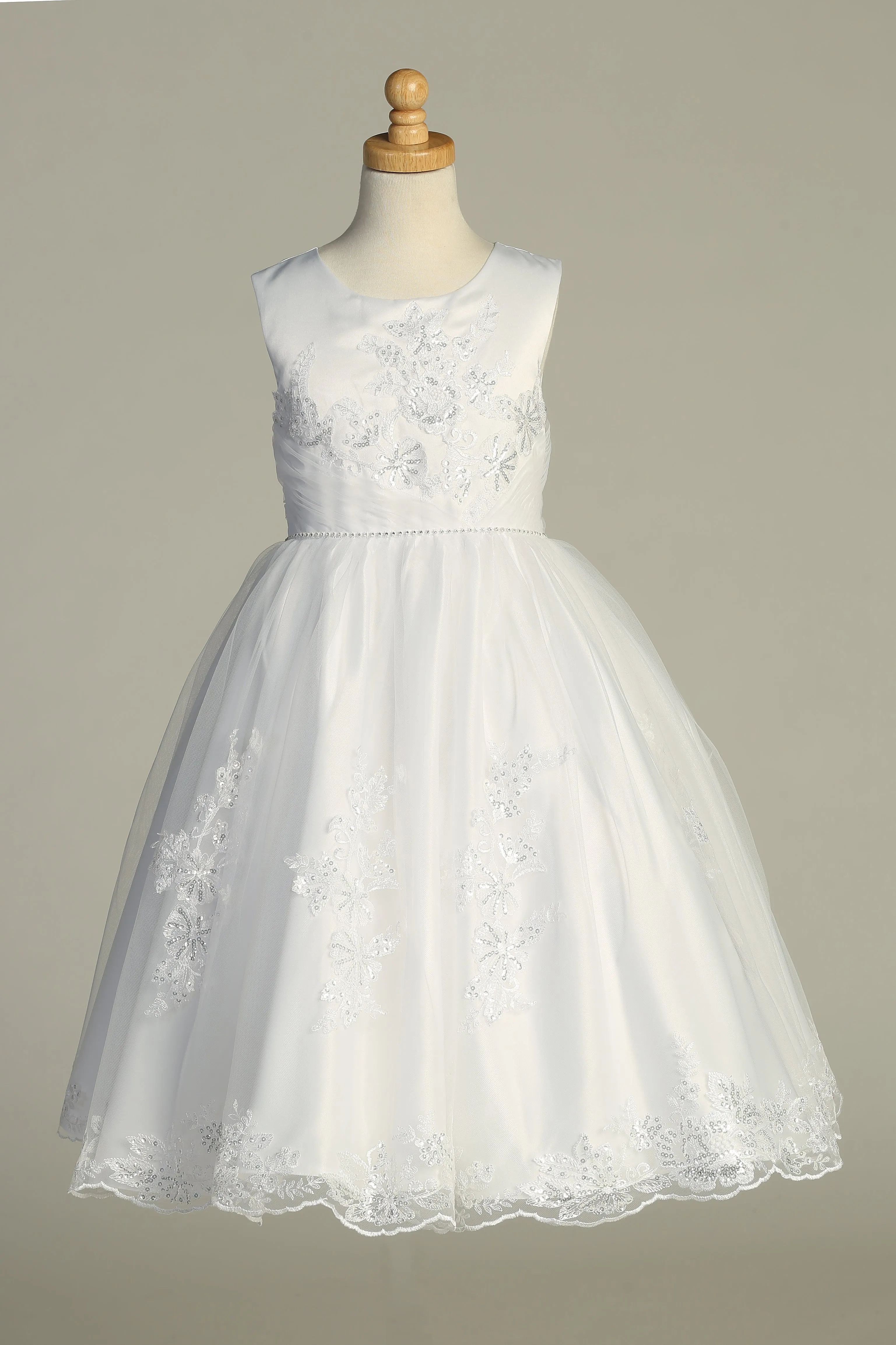 Girls Rhinestone Waist Trim Sequin Embroidered Tulle Satin Communion Dress 6-12